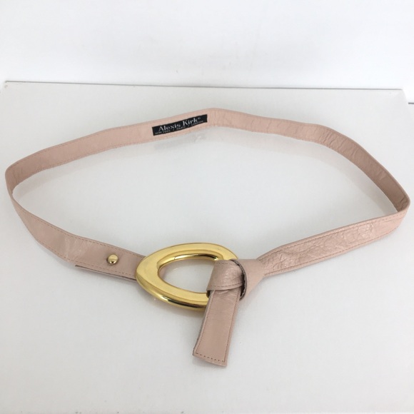Vintage Alexis Kirk Thin Blush Pink Leather Belt Large Gold Buckle - Picture 10 of 12